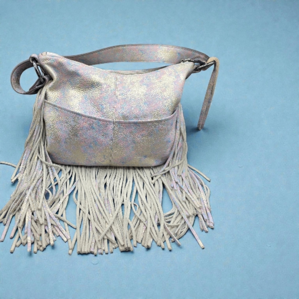 Aimee Kestenberg Beach Babe Fringe Distressed Metallic Leather Hobo Bag - Picture 2 of 11